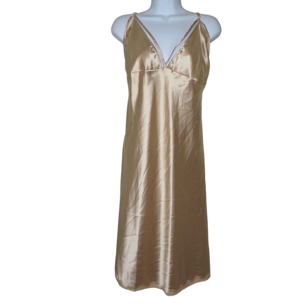 Vintage Satin Gold Knee Length Slip Nightgown Womens 4XL Lace Adjustable Straps